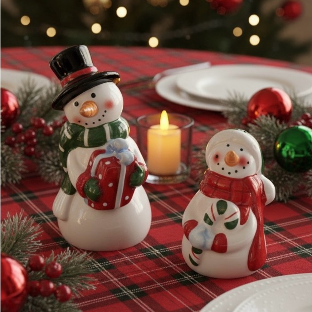 Snowman Salt & Pepper Shakers Christmas Ceramic Holiday Decor Gift Set